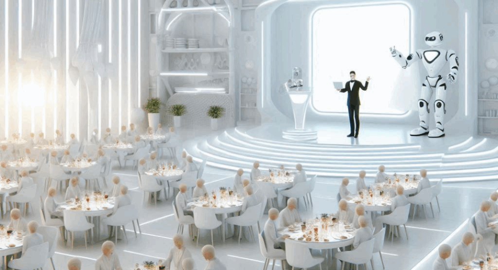 Evento futurista en un salón blanco y moderno donde múltiples figuras humanoides están sentadas en mesas redondas elegantemente dispuestas. En el escenario, un presentador con esmoquin sostiene una carpeta mientras habla al público, acompañado por un robot grande y blanco. El ambiente es minimalista, con iluminación brillante y decoraciones tecnológicas. Todo sugiere una gala o conferencia de estilo futurista, posiblemente centrada en la inteligencia artificial o la robótica.