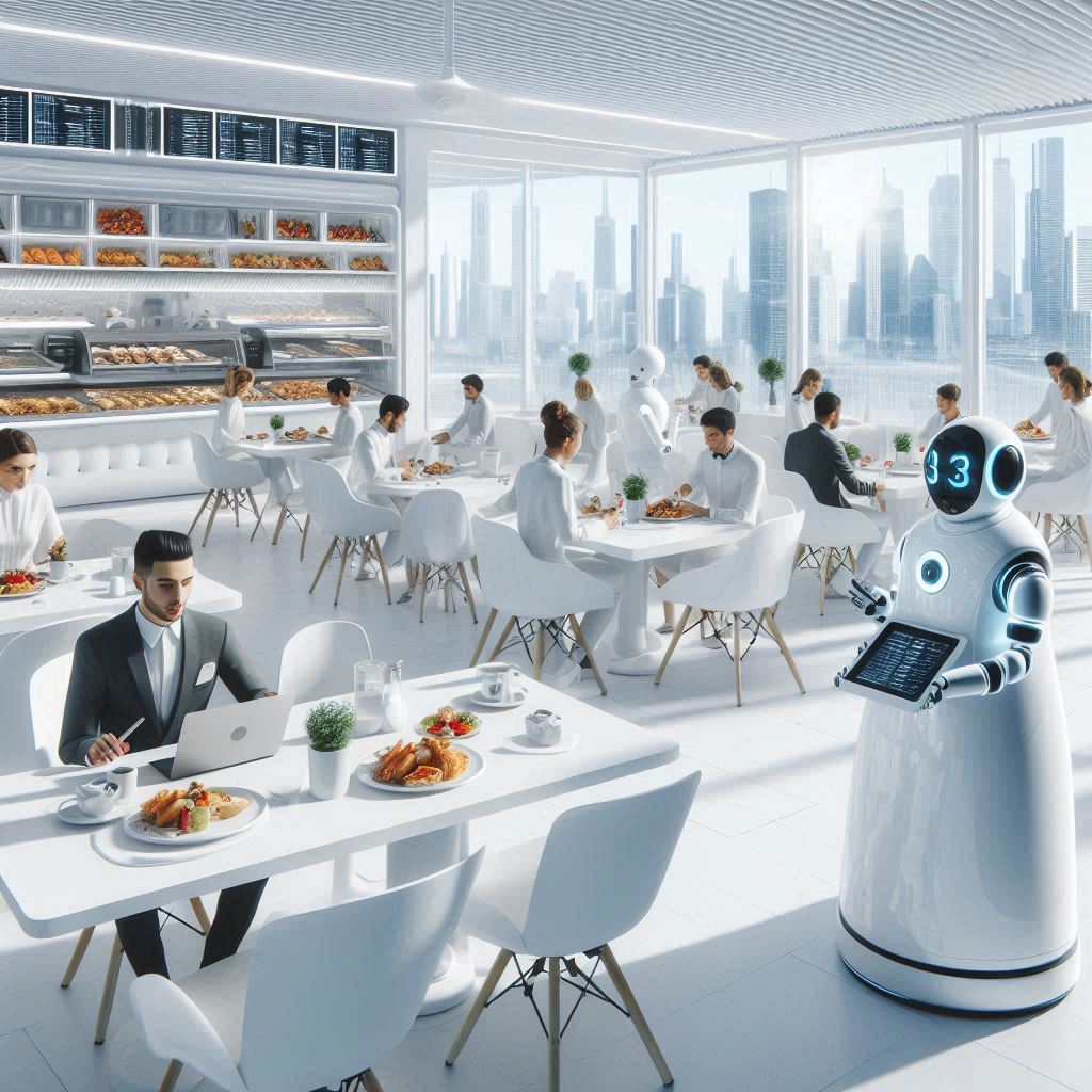 Restaurante futurista con ambiente minimalista en tonos blancos, donde robots humanoides con pantallas táctiles atienden a los clientes. Personas elegantemente vestidas disfrutan de sus comidas o trabajan en laptops. Al fondo, grandes ventanales muestran una ciudad moderna con rascacielos.