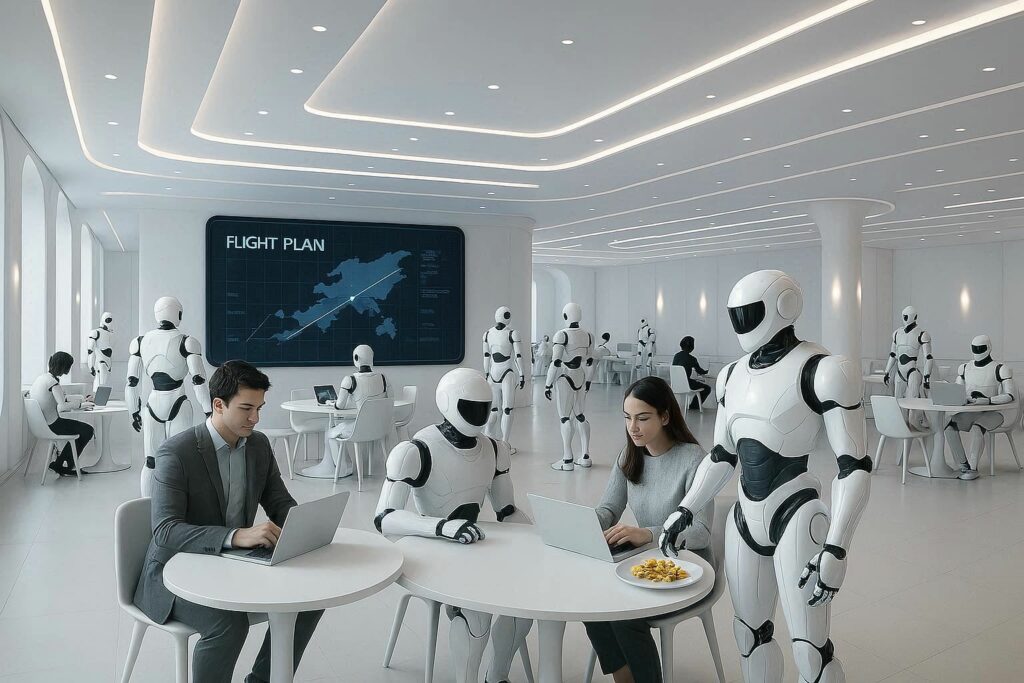 un restaurante blanco, grande, con luces blancas. En una pantalla con fondo negro y luces azules, se proyecta un plan de vuelo. Hay robots blancos sirviendo en mesas y hay gente sentada en sus mesas revisando sus ordenadores